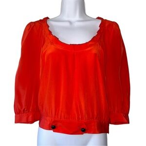 MADISON MARCUS Women’s Orange Scoop Pleated Neck Silk 1/2 Sleeve Blouse- Medium